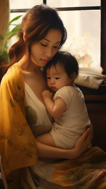 Breastfeeding is healthy for child. Mother care and love nurture child empathically.